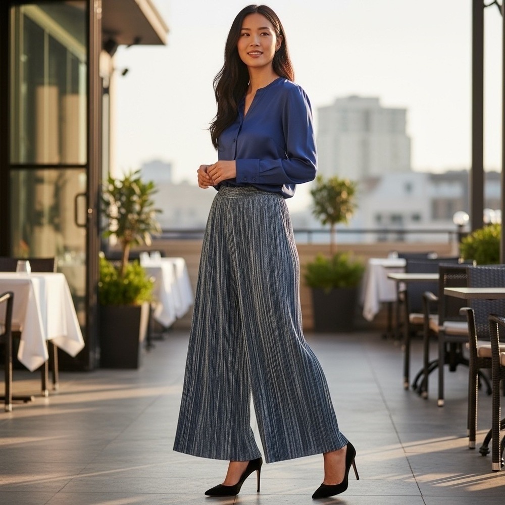 Sabina Musayev Blue Metallic Plisse Wide Leg Pants High Waist XS